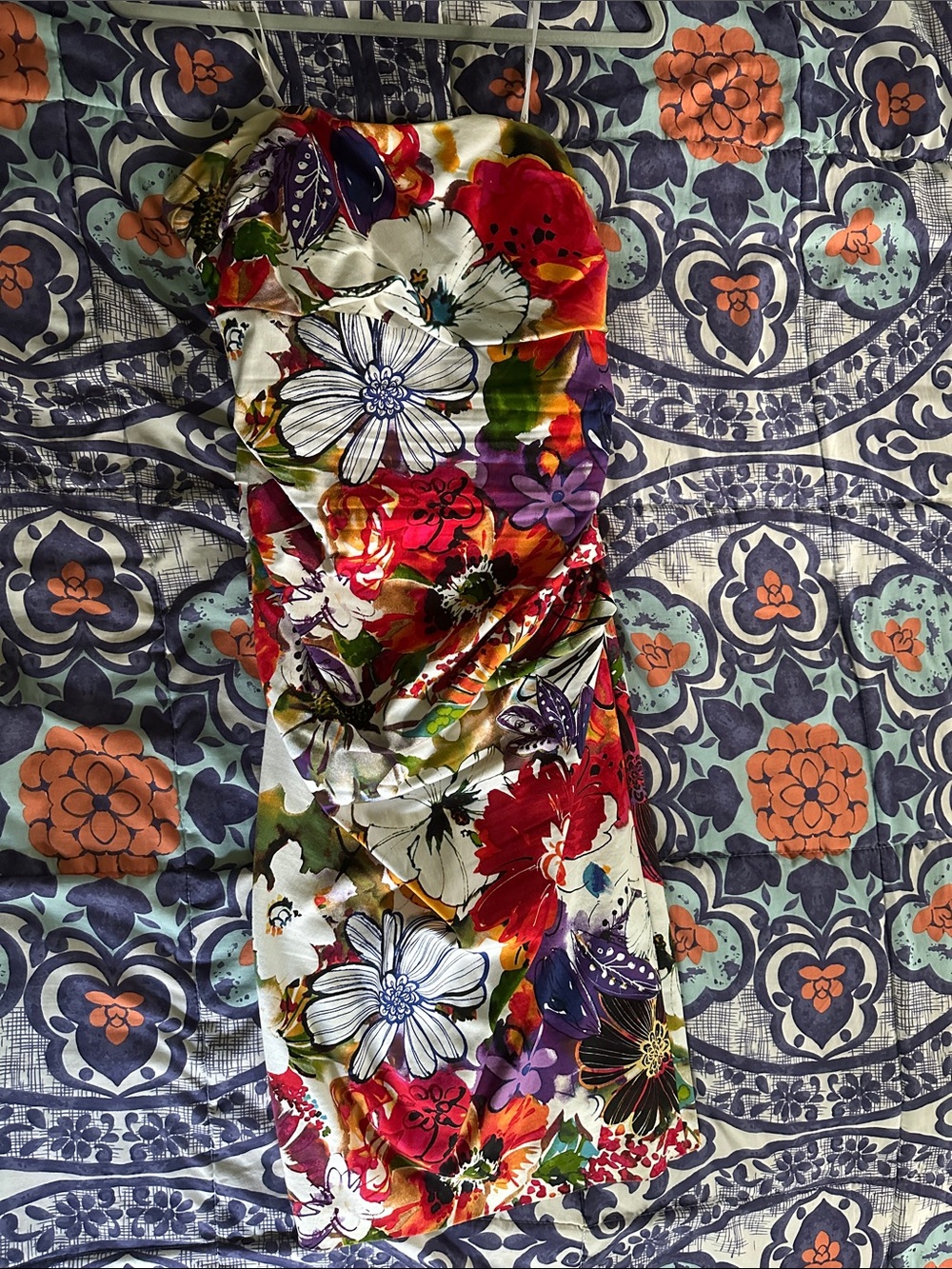 Floral Print White Multi-Color Strapless Skirt